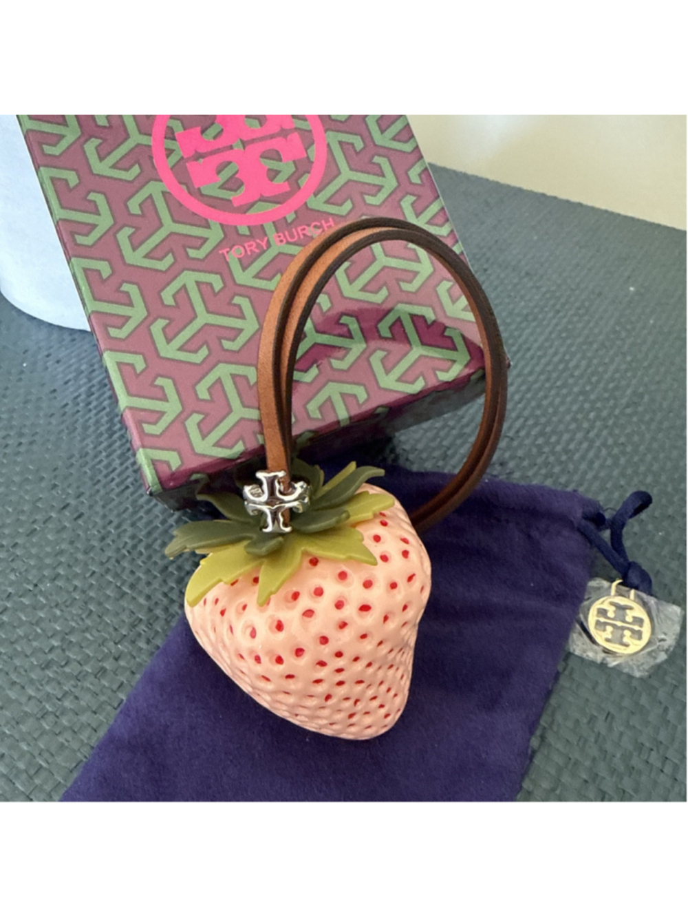 Tory Burch Strawberry Pink Bag Charm - New In Box Dusty Leather Strap